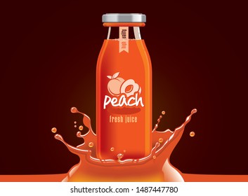 Vector peach juice, fruit glass bottle with drop splash