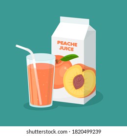 Vector peach juice packaging and full glass of it isolated on blue background. Carton pack template for your design. Healthy organic nutrition.