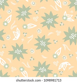 Vector Peach & Mint Green Flowers with White Leaves , Repeating Seamless Pattern Background, Delightful Illustration of Olive Floral Blooms for Fabric, Scrapbooking, Home Decor & Web Stationery