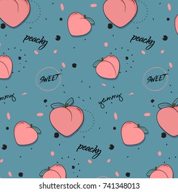 Vector Peach Pattern. Cool Food Illustration. Nature Tasty Dessert With Fruits. Nectarine Drawing