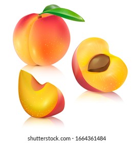 Vector peach set illustration. 3d Realistic vector peach set. Vector peach set isolated on white background.