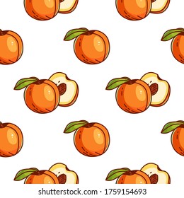Vector peaches seamless pattern. Beautiful summer background on white color. Juicy, ripe peach. Great for printing on fabric, dishes or paper.