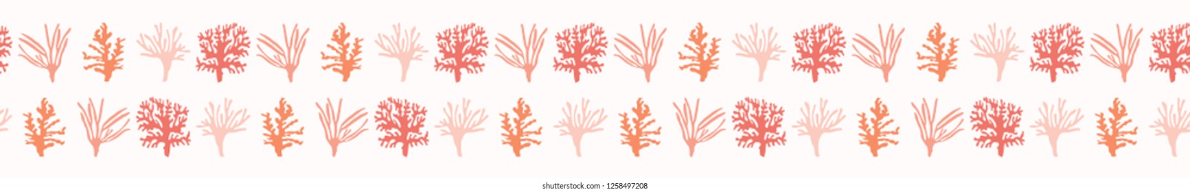 Vector Peachy Coral Marine Specimen Seamless Border. Hand Drawn Ocean Reef Life Illustration. Color of the Year Corals Plant Specimen for Fashion Prints, Design Packaging, Peachy Nature Banner.