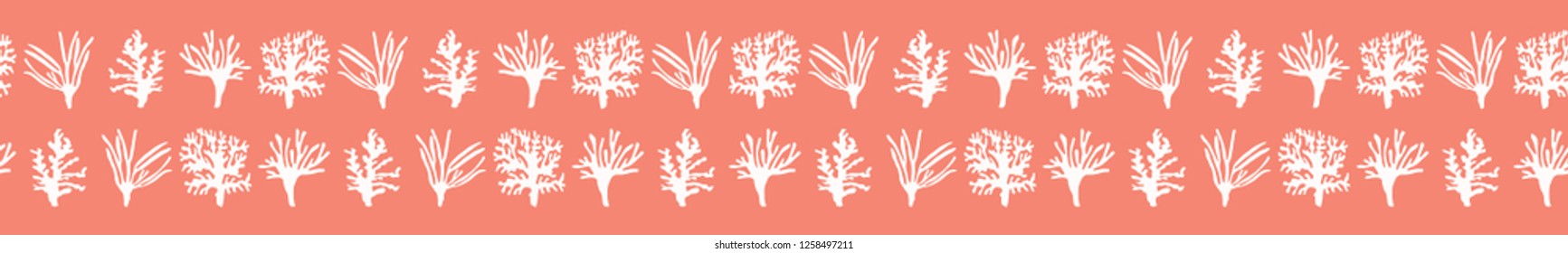 Vector Peachy Coral Marine Specimen Seamless Border. Hand Drawn Ocean Reef Life Illustration. Color of the Year Corals Plant Specimen for Fashion Prints, Design Packaging, Peachy Nature Banner.