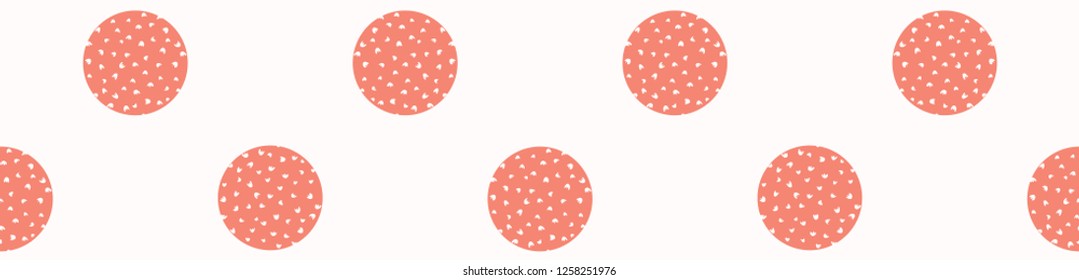  Vector Peachy Tiny Coral Polka Dot. Seamless Repeating Pattern Border. Ditsy Petal Circles. Hand Drawn Dotty Fashion Prints, Ribbon Trim, Banner, Pretty Stationery, Retro 1950s Style. 