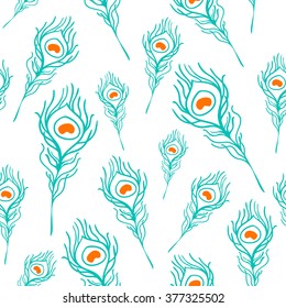 Vector peacock feather pattern on white background. Design element for wrapping paper, textile, fabric, wallpaper. 