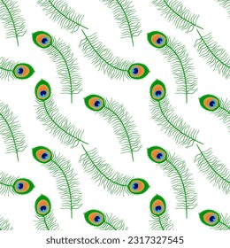 Vector peacock feather seamless pattern. Peacock feather endless texture on white background. Flat vector illustration
