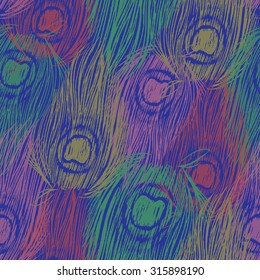 Vector peacock feathers seamless pattern/Ornament with ink hand drawn peacock feathers/Bright wallpaper with graphic peacock feathers