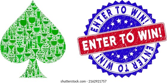 Vector peaks suit icon wine collage with grunge bicolor Enter to Win. stamp. Red and blue bicolored stamp with rubber style and Enter to Win. caption.