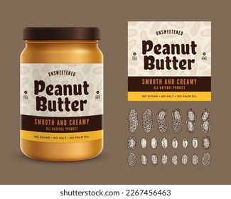 Vector peanut butter label. Realistic glass jar mockup. Hand-drawn peanut seeds and shells illustrations