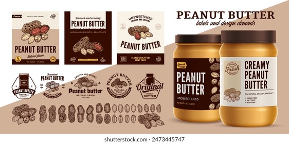 Vector peanut butter labels. Peanut butter branding and identity icons, badges, insignia and design elements. Realistic glass jar mockup