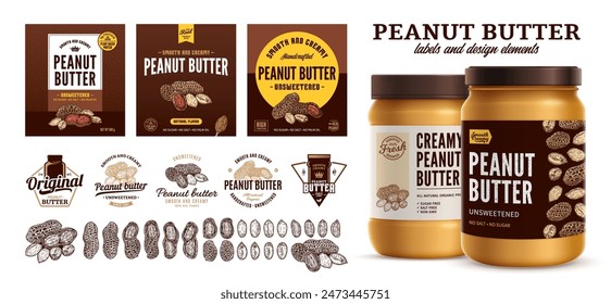 Vector peanut butter labels. Peanut butter branding and identity icons, badges, insignia and design elements. Realistic glass jar mockup