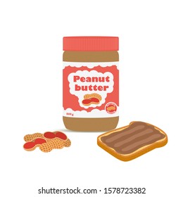 Vector peanut butter with toast and nuts, fast food breakfast. Creamy nutrition with crispy bread. American lunch, brown sandwich.
