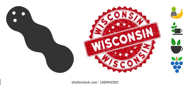 Vector peanut icon and rubber round stamp seal with Wisconsin text. Flat peanut icon is isolated on a white background. Wisconsin stamp uses red color and dirty surface. Bonus icons are added.