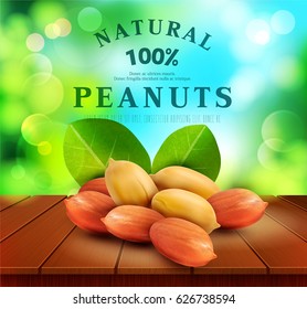 Vector peanut kernels with green leaves (design element) lying on a wooden table on the background of the sky and green foliage