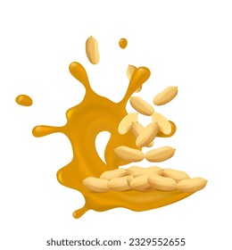 Vector peanut kernels isolated on white background in splashes of peanut butter.