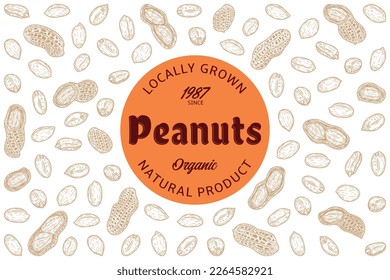 Vector peanuts label, peanut seeds and shells hand-drawn vector icons