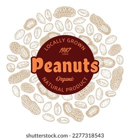 Vector peanuts label, peanut seeds and shells hand-drawn vector icons