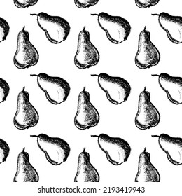 Vector pear background. Pears seamless pattern with hand drawn pencil fruit illustration for vegan banner design, juice, baby food packaging, jam label design. Vector fruits backdrop. Black and white.