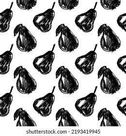 Vector pear background. Pears seamless pattern with hand drawn pencil fruit illustration for vegan banner design, juice, baby food packaging, jam label design. Vector fruits backdrop. Black and white.