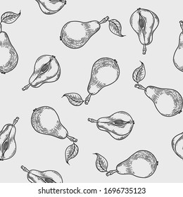 Vector  pear  engraving seamless pattern on white background. Vintage hand drawn illustration for menu, ads
