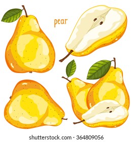 Vector pear. Fresh yellow vector pear with green leaf illustration. Whole and sliced garden fruit set isolated on white background. Natural organic vitamin product design for farmer market
