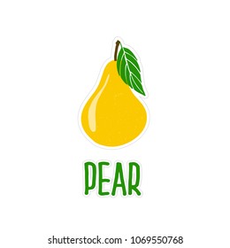 Vector pear with leaf and lettering. Design menu card for vegetarians, logo vegan shop. EPS10