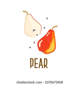 Vector pear and lettering. Design menu card for vegetarians, logo vegan shop. EPS10