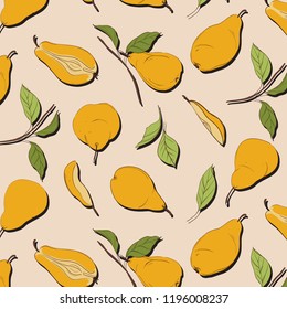 Vector pear organic background image. Fresh fruit pattern with leaves. Cool tropical nature decoration. Juicy fresh texture