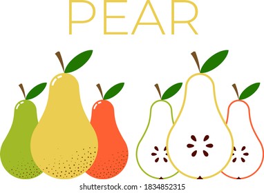 Vector de Pear y mitad de Pear en rodajas sobre fondo blanco