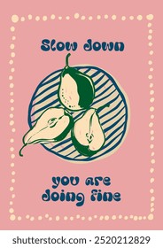 Vector pear slices poster with Mediterranean fruits. Hand-drawn fresh card isolated on pink background. Tasty food illustration for design, print, fabric or background.