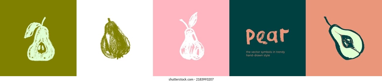 Vector Pear symbol isolated. Color hand drawn fruit icon. Stencil style illustration of pears symbol for organic food logo, juice label design, vegan sign, fruity packaging. Emblem Natural Sugar.