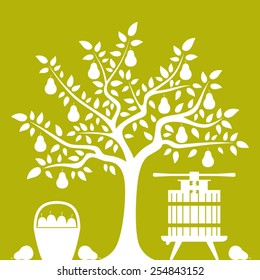 vector pear tree, basket of pears and fruit press isolated on green background