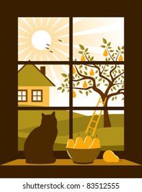 vector pear tree and cottage outside the window