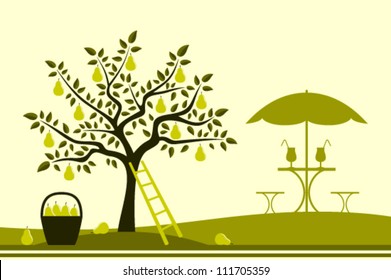 vector pear tree and table with umbrella