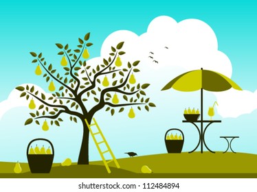 vector pear tree and table with umbrella