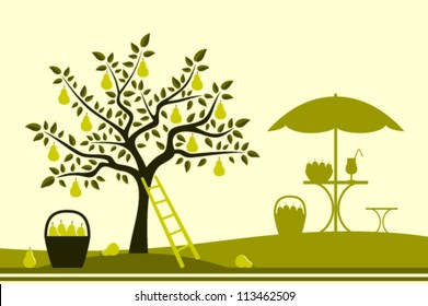 vector pear tree and table with umbrella