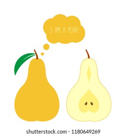 Vector Pear Whole and Half Cut. Thought or Think Bubble. Flat Style Illustration Isolated on White. Fresh Fruits Set.