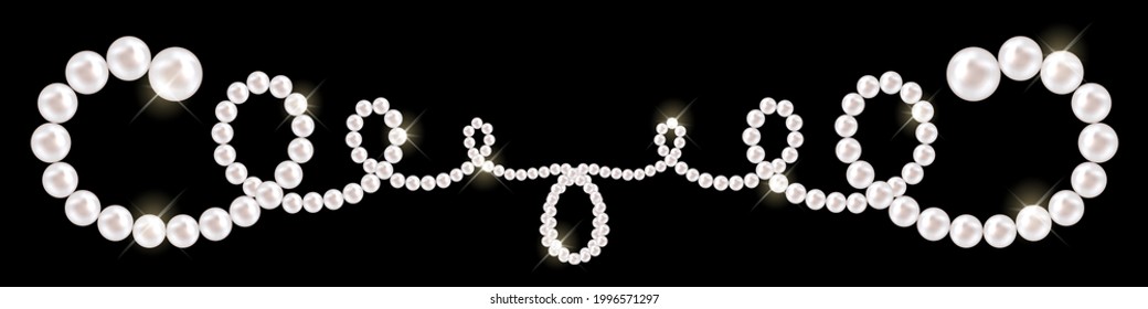 Vector pearl necklace on black background. Luxury accessory of shiny oyster beads. Chains of pearls forming an ornament of curls. Jewelry frame in vintage style. Vector illustration EPS10