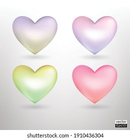 Vector pearl pastel heart icon set.Vector 3D illustration. Vector collection of hearts on white background. Gradient colorful hearts for card design. Love or romance concept for valentine day.