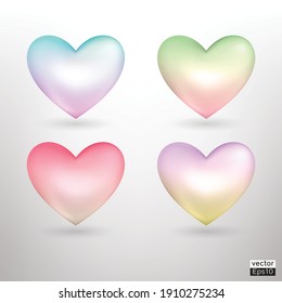 Vector pearl  pastel hearts icons set.3D illustration.Vector collection of pearl pastel hearts on white background.Gradient colorful hearts for card design.Love or romance concept for valentine day.