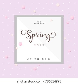 Vector Pearl Spring Sale Announcement Poster, 3D Pearls and Frame, Pearl Graphics, Pastel Pink and Violet Gradient Background, Spring Graphics, Business Announcement