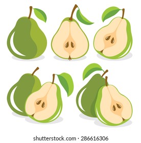 Vector pears. Cut green pear fruits, collection of vector illustrations