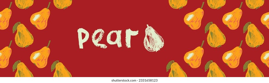 Vector pears fruit label template. Vegan fruit banner, honey pear background. Drawings of green pears pattern seamless. Baby food packaging, juice tag design. Organic jam, confectionery package.