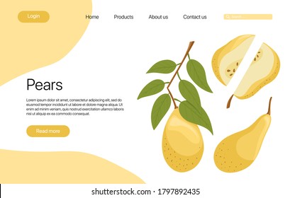 Vector pears landing page template with text space. Pear slices with leaves cartoon illustration. Healthy organic pear fruits webpage design.