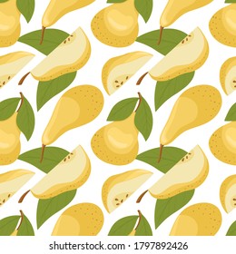 Vector pears seamless pattern in cartoon style. Bright pear fruits isolated on white background. Healthy organic pears with leaves and slices for autumn farm market design.
