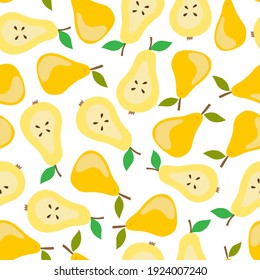 Vector pears seamless pattern. Illustration in hand draw, cartoon style. Elements are isolated on white background. Appetizing print for design of kitchen surfaces, packaging, fabric, digital paper