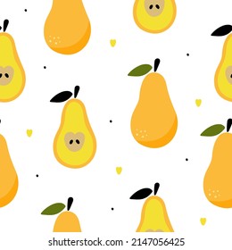 Vector pears seamless pattern. Illustration in hand draw, cartoon style. Elements are isolated on white background. Appetizing print for design of kitchen surfaces, packaging, fabric, digital paper