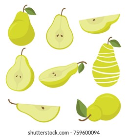 Vector pears. Whole and cut green pears, collection of vector illustrations