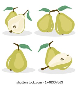 Vector pears. Whole and cut in half green pear fruits, collection of vector illustrations on white background. Natural background. Food set. Organic fruit. Organic food design concept.